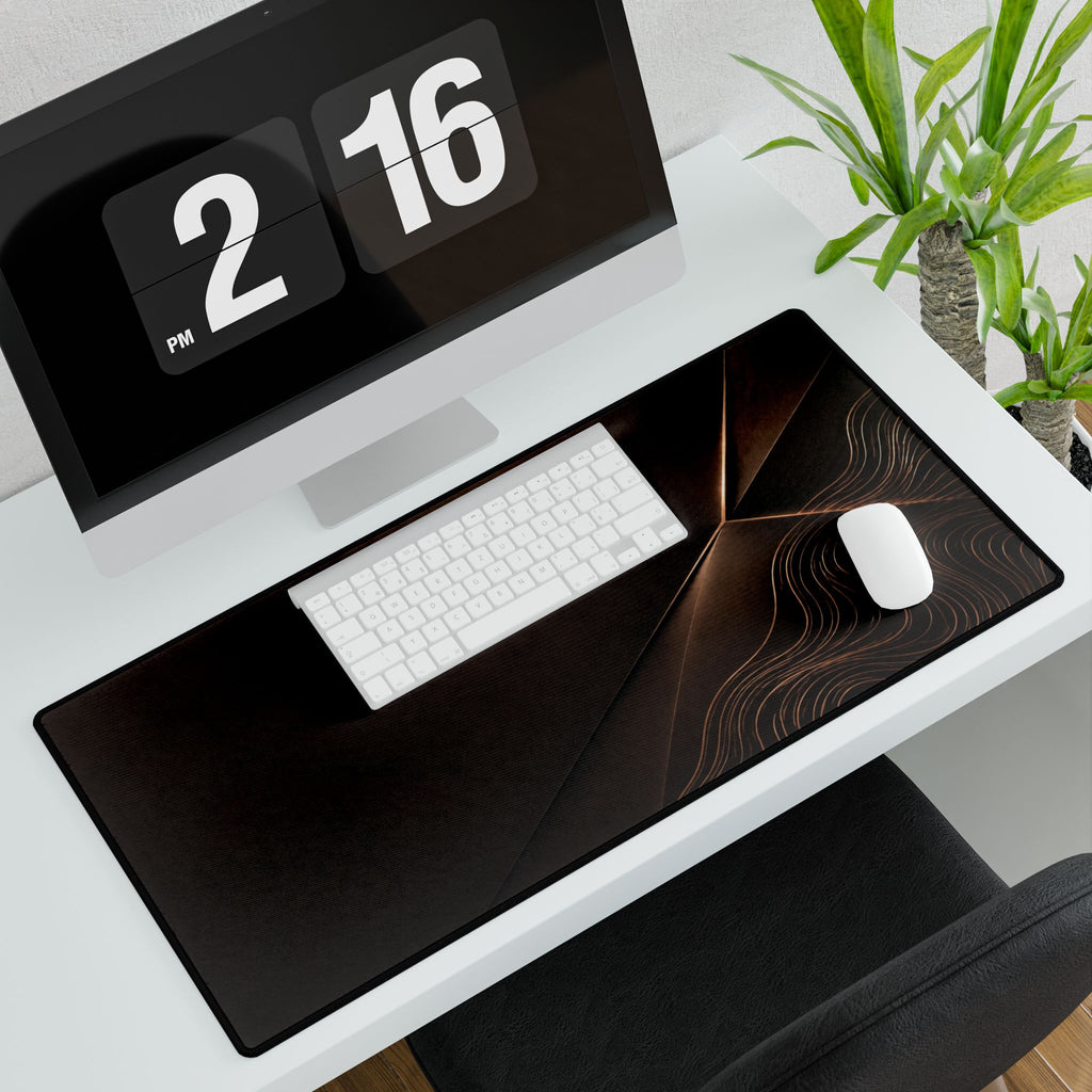 Printify preview: Espresso Facet, 31.5 × 15.5 inches, angled desk view with keyboard and mouse.