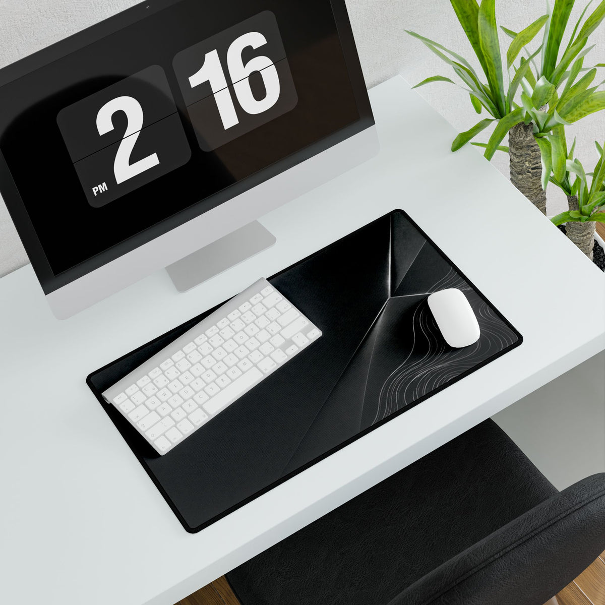 Printify preview: Charcoal Facet, 23.6 × 13.8 inches, angled desk view with keyboard and mouse.