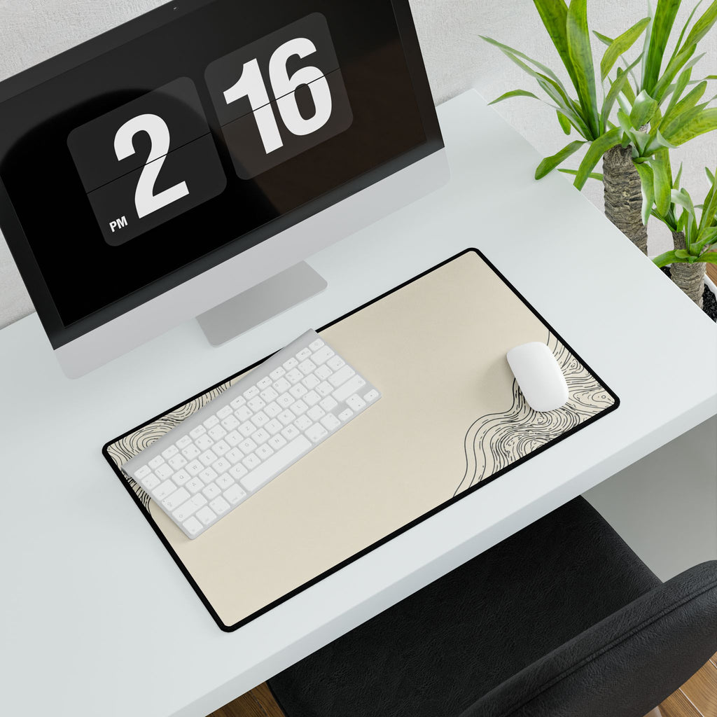 Printify preview: Minimal Porcelain Ink, 23.6 × 13.8 inches, angled desk view with keyboard and mouse.