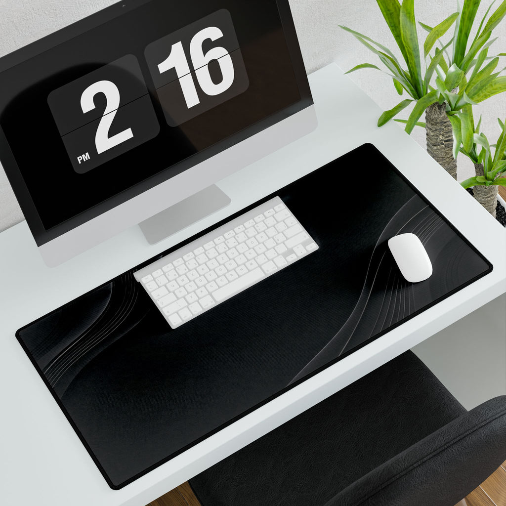Printify preview: Graphite Relief, 31.5 × 15.5 inches, angled desk view with keyboard and mouse.