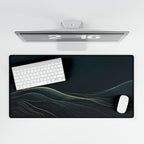 Printify preview: overhead view of Teal Horizon, 31.5 × 15.5 inches, with keyboard and mouse.