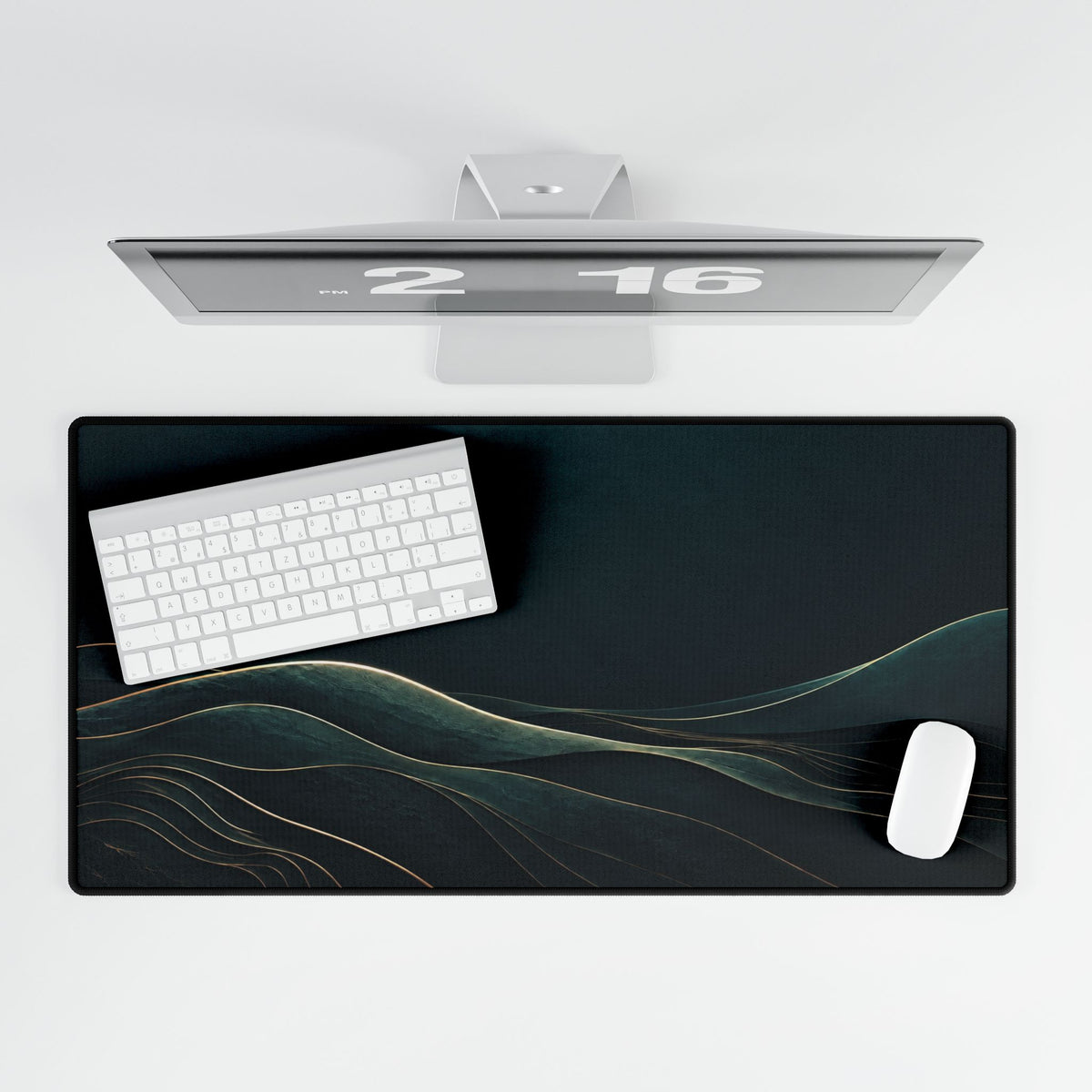 Printify preview: overhead view of Teal Horizon, 31.5 × 15.5 inches, with keyboard and mouse.