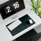 Printify preview: Teal Atlas, 23.6 × 13.8 inches, angled desk view with keyboard and mouse.