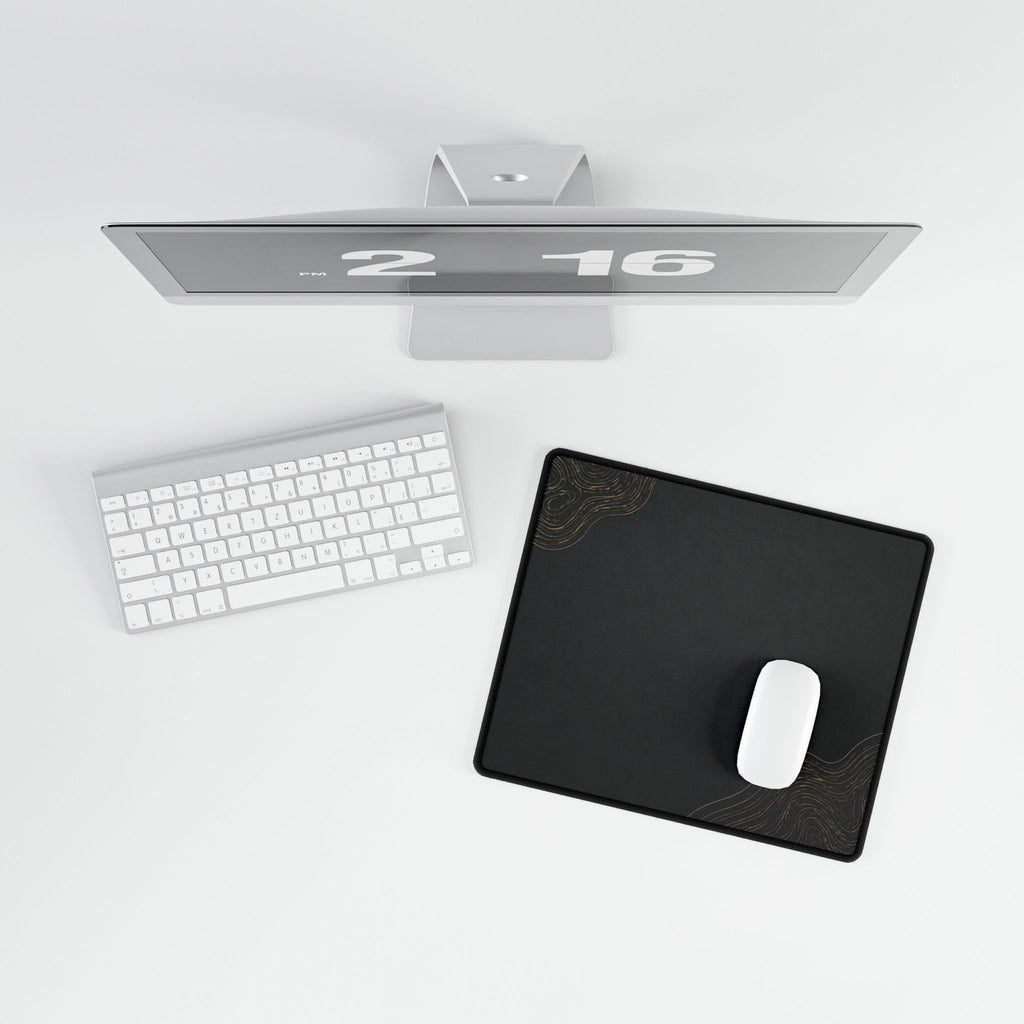 Printify preview: Minimal Obsidian Gold, 14.4 × 12.1 inches, overhead desk view with keyboard and mouse.