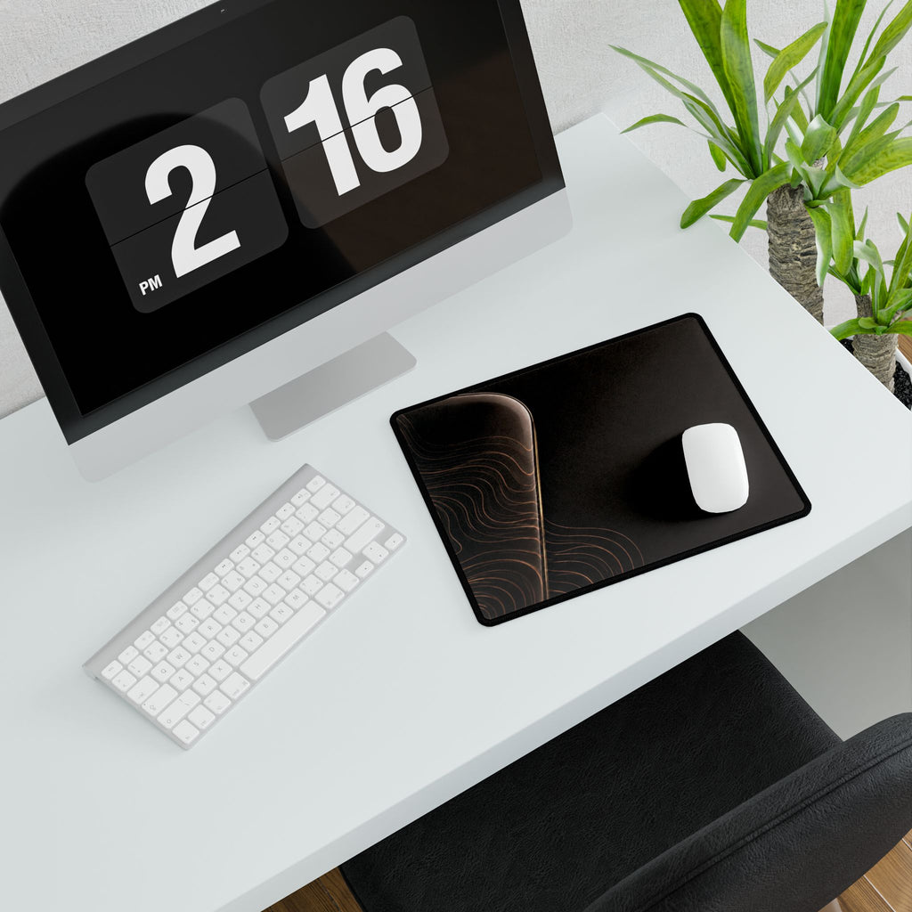 Printify preview: Espresso Optic, 14.4 × 12.1 inches, with a mouse beside a keyboard, viewed at an angle.