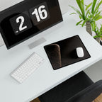 Printify preview: Espresso Optic, 14.4 × 12.1 inches, with a mouse beside a keyboard, viewed at an angle.