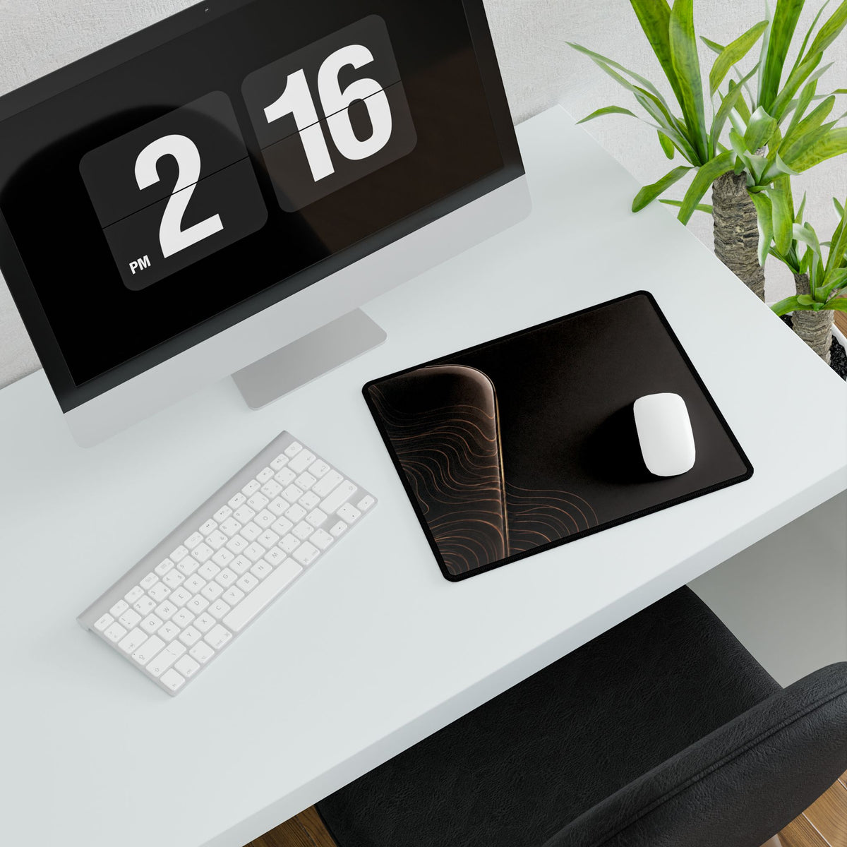 Printify preview: Espresso Optic, 14.4 × 12.1 inches, with a mouse beside a keyboard, viewed at an angle.