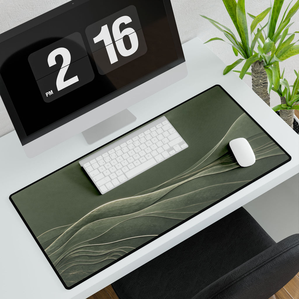 Printify preview: Sage Horizon, 31.5 × 15.5 inches, with keyboard and mouse on a white desk, viewed at an angle.