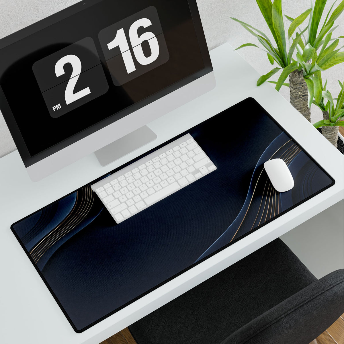 Printify preview: Navy Relief, 31.5 × 15.5 inches, angled desk view with keyboard and mouse.