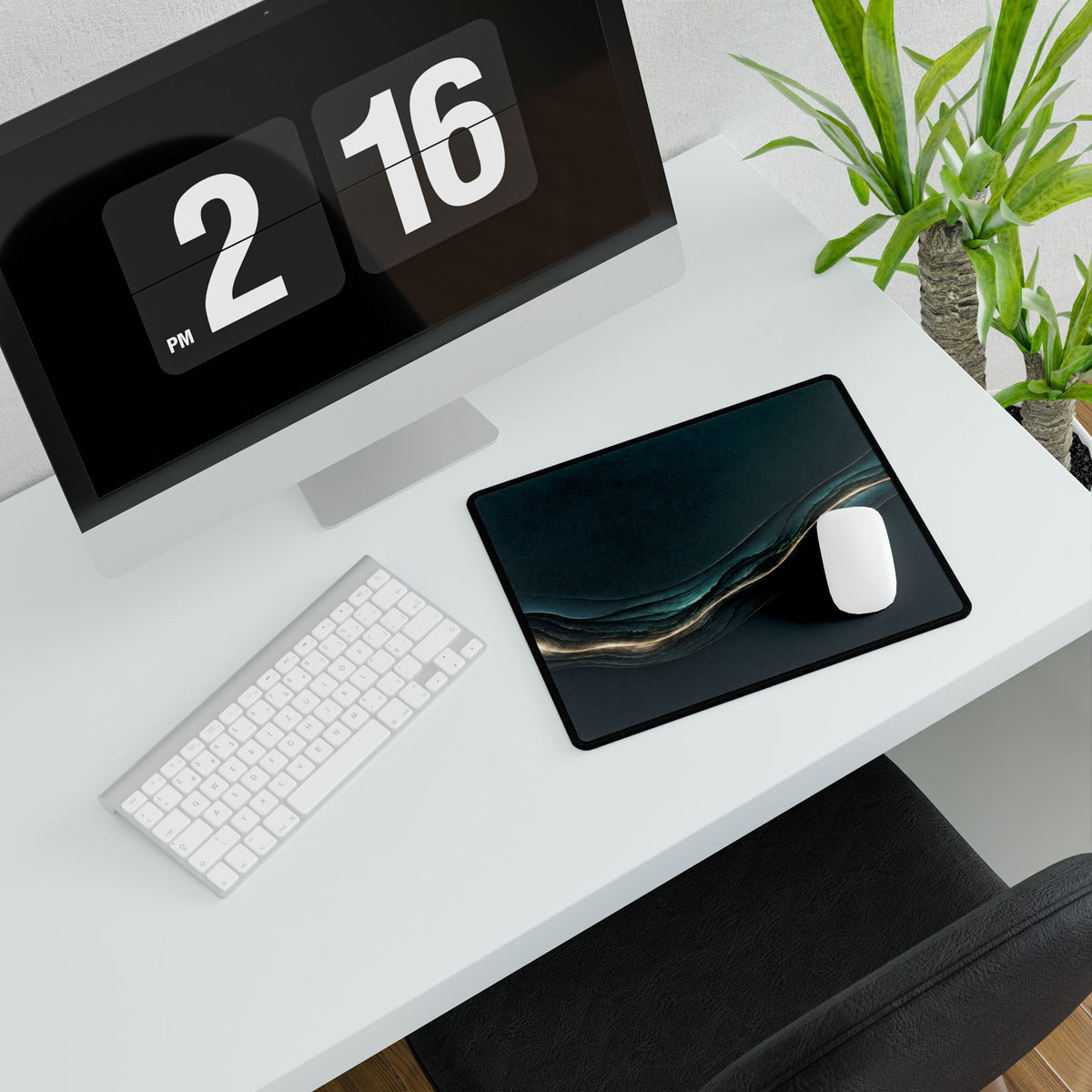 Printify preview: Teal Radiance, 14.4 × 12.1 inches, angled desk view with keyboard and mouse.