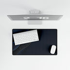 Printify preview: Navy Fold, 23.6 × 13.8 inches, overhead desk view with keyboard and mouse.