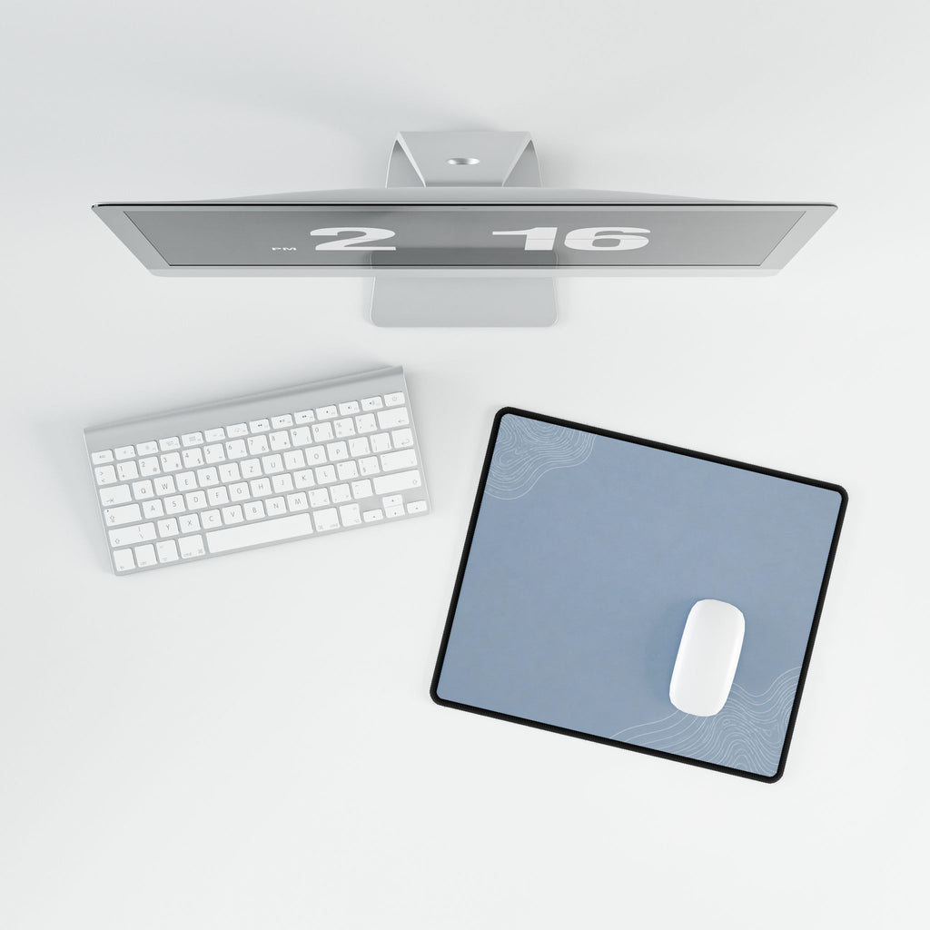 Printify preview: Minimal Artic Mist, 14.4 × 12.1 inches, overhead desk view with keyboard and mouse.