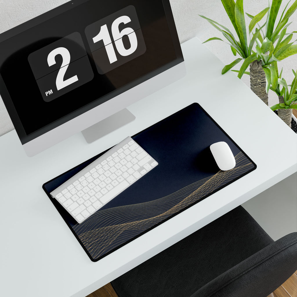 Printify preview: Navy Interference, 23.6 × 13.8 inches, with keyboard and mouse on a white desk, viewed at an angle.