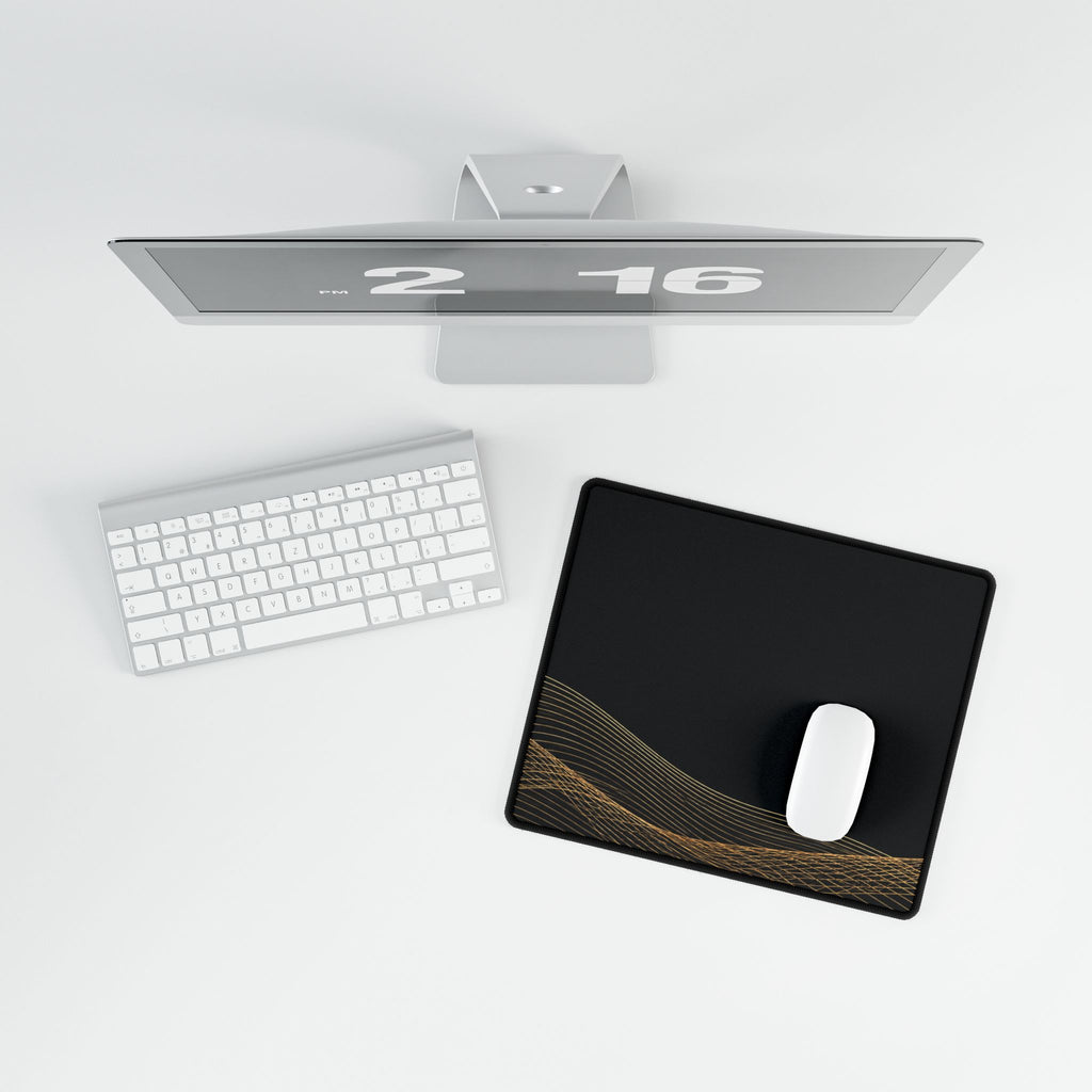 Printify preview: overhead view of Obsidian Interference, 14.4 × 12.1 inches, with a mouse beside a keyboard.