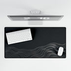 Printify preview: overhead view of Charcoal Evolution, 31.5 × 15.5 inches, with keyboard and mouse.