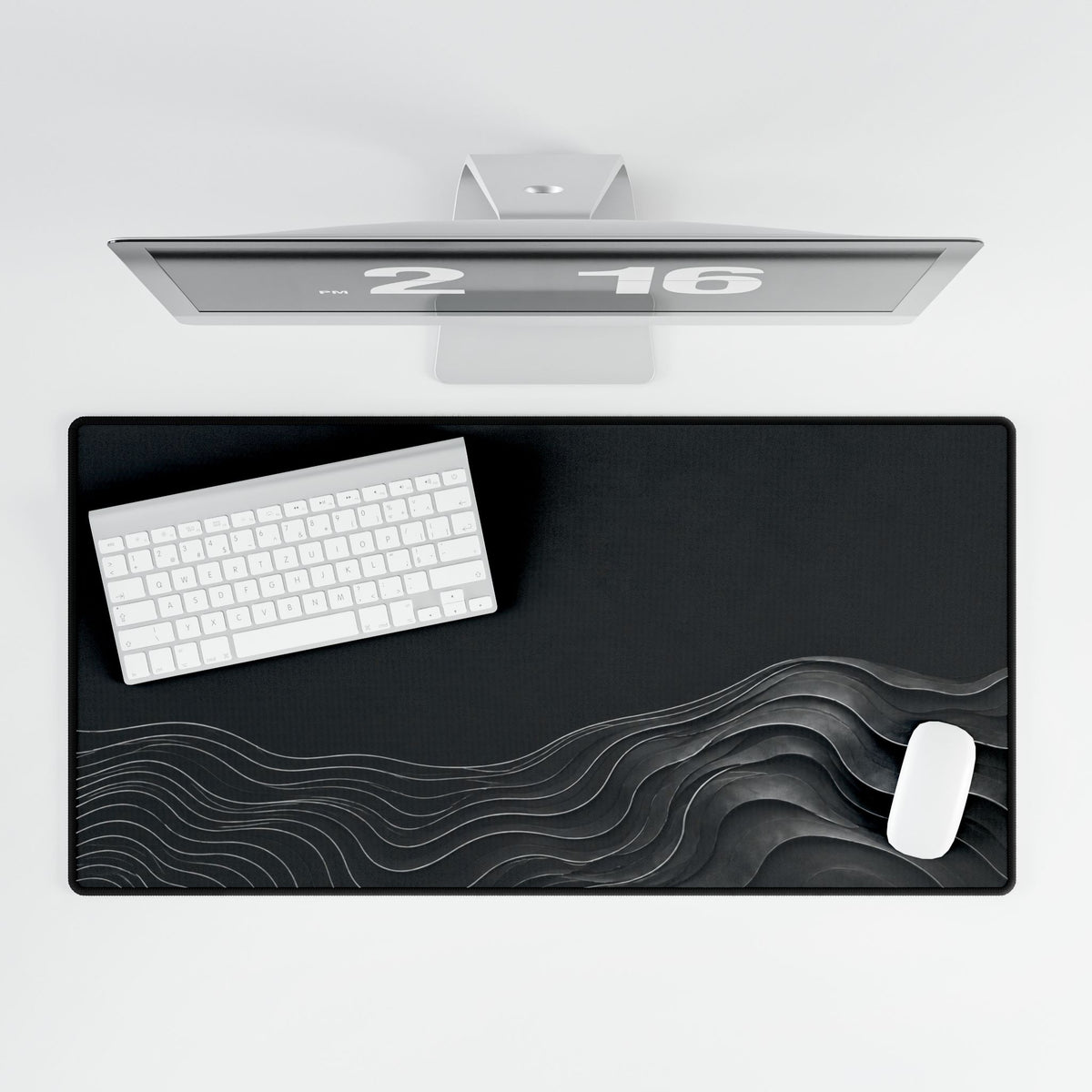 Printify preview: overhead view of Charcoal Evolution, 31.5 × 15.5 inches, with keyboard and mouse.