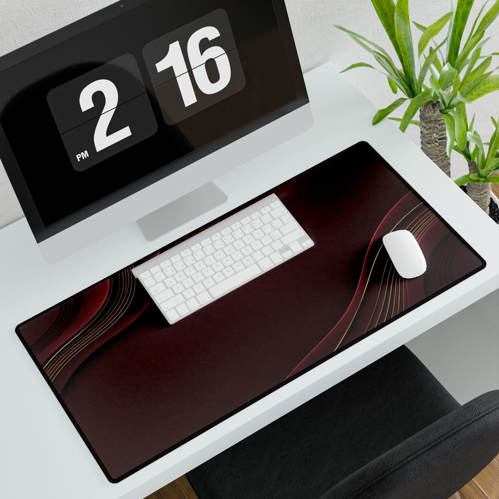 Printify preview: Burgundy Relief, 31.5 × 15.5 inches, angled desk view with keyboard and mouse.
