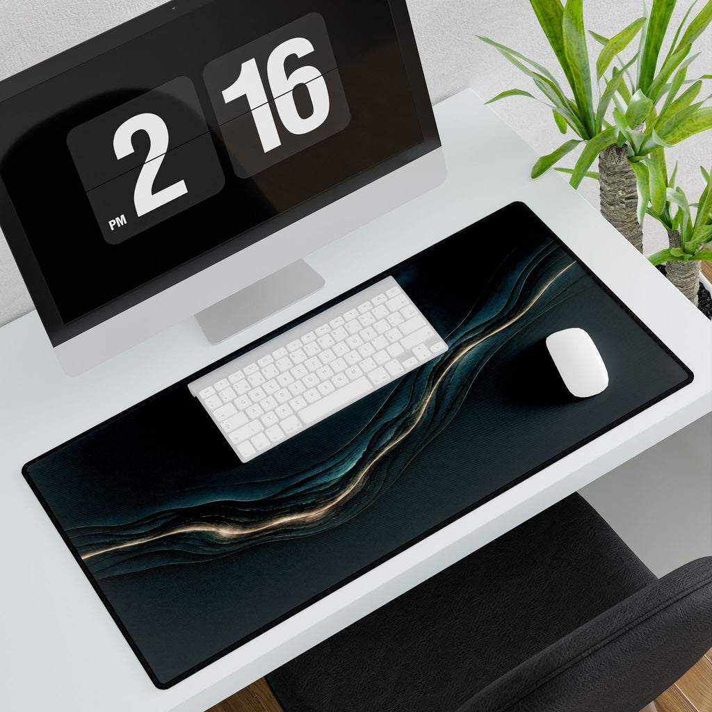 Printify preview: Teal Radiance, 31.5 × 15.5 inches, angled desk view with keyboard and mouse.