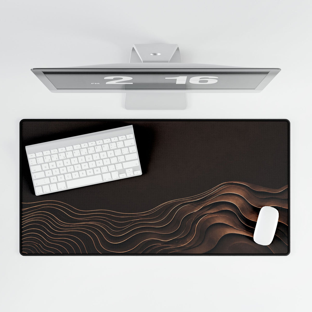 Printify preview: overhead view of Espresso Evolution, 31.5 × 15.5 inches, with keyboard and mouse.