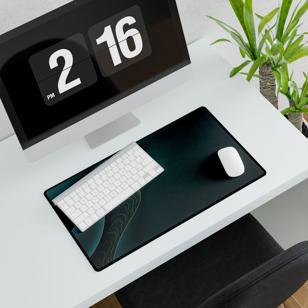 Printify preview: Teal Fold, 23.6 × 13.8 inches, angled desk view with keyboard and mouse.