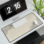 Printify preview: Minimal Porcelain Ink, 31.5 × 15.5 inches, angled desk view with keyboard and mouse.
