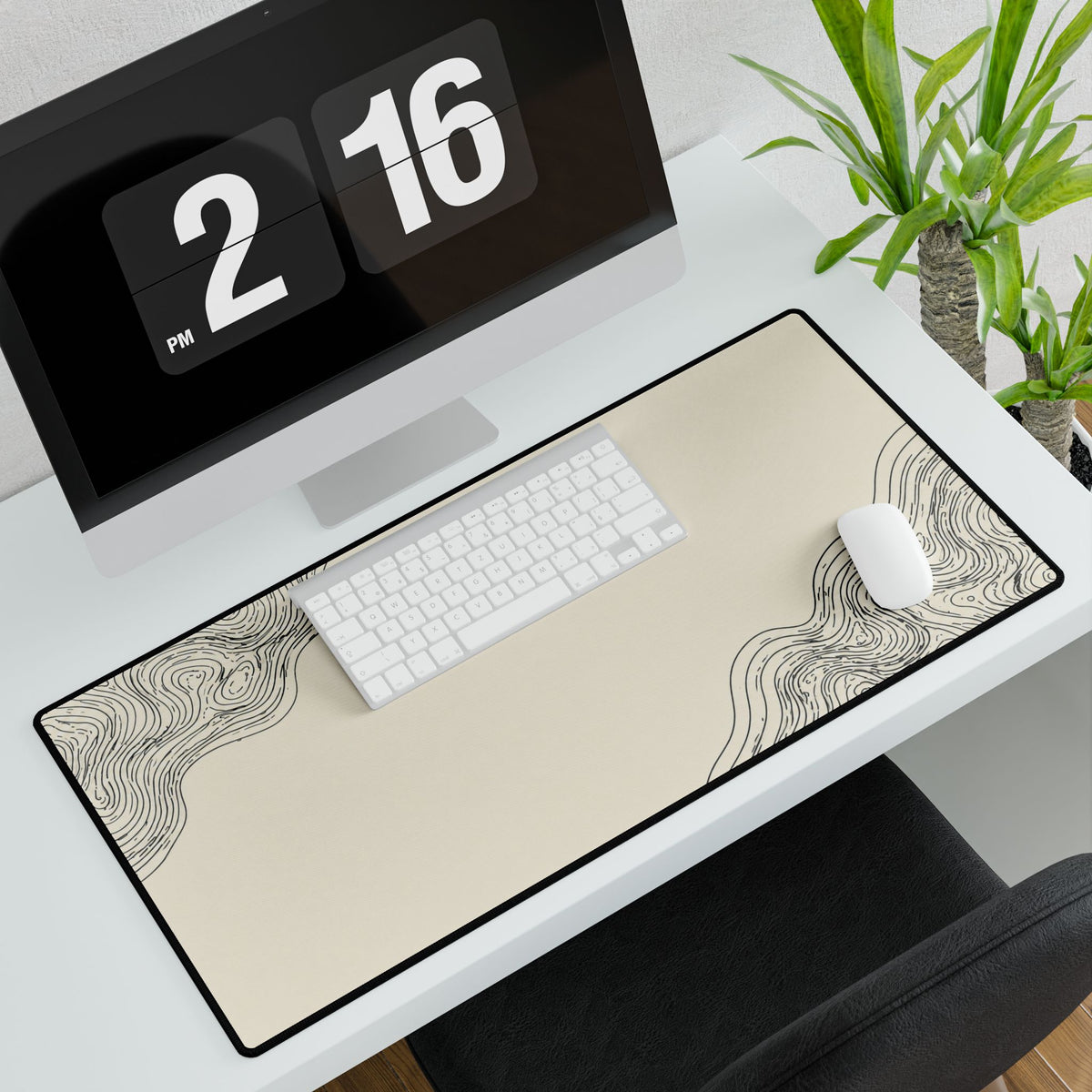 Printify preview: Minimal Porcelain Ink, 31.5 × 15.5 inches, angled desk view with keyboard and mouse.
