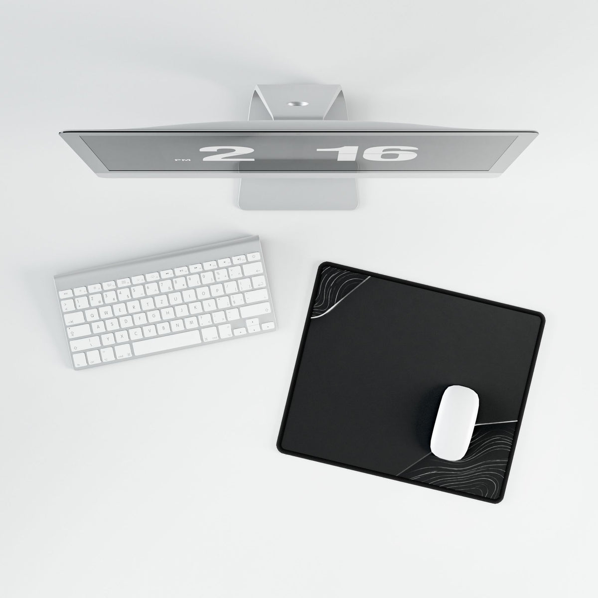 Printify preview: overhead view of Charcoal Cutaway, 14.4 × 12.1 inches, with a mouse beside a keyboard.