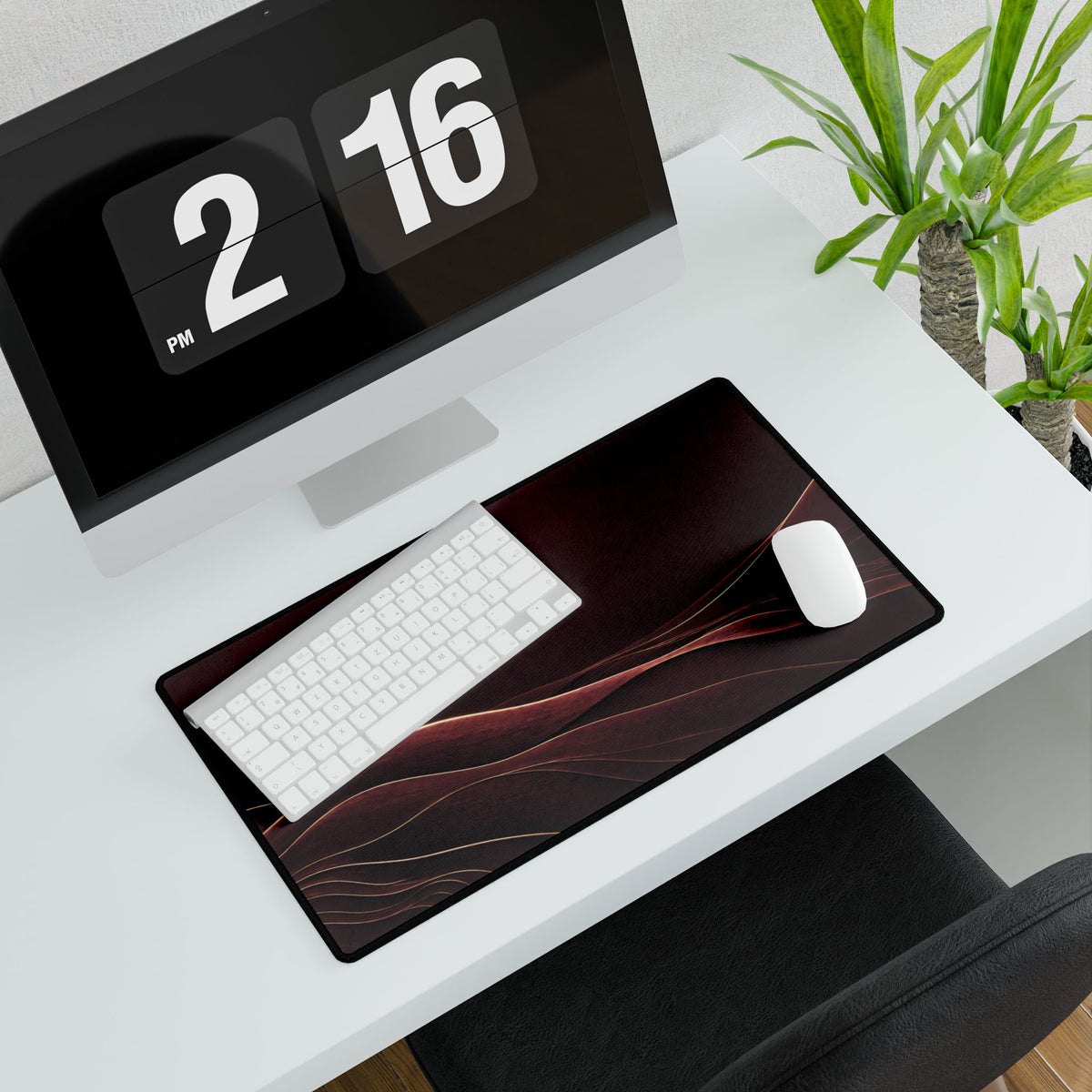 Printify preview: Burgundy Horizon, 23.6 × 13.8 inches, with keyboard and mouse on a white desk, viewed at an angle.