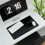 Minimal Charcoal medium-format desk mat beneath a white keyboard and mouse, viewed at an angle.