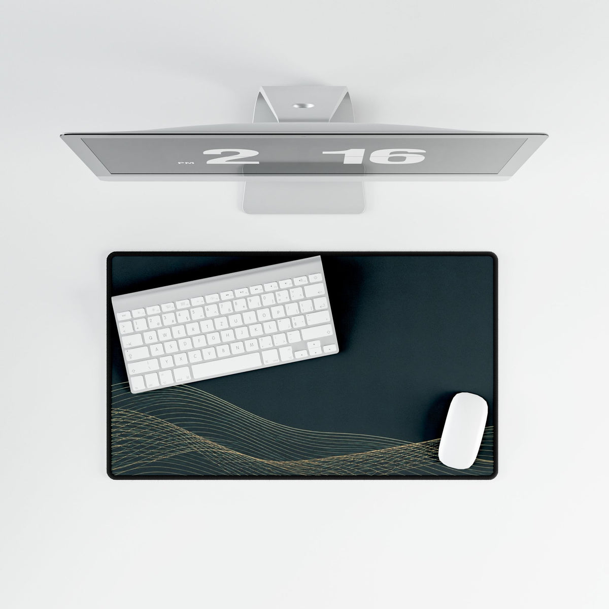 Printify preview: overhead view of Teal Interference, 23.6 × 13.8 inches, with keyboard and mouse.