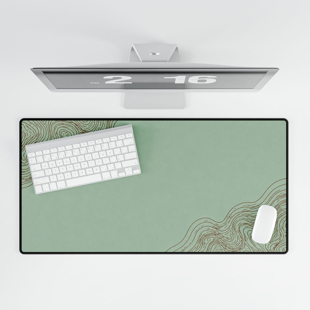 Printify preview: Minimal Celadon Bronze, 31.5 × 15.5 inches, overhead desk view with keyboard and mouse.