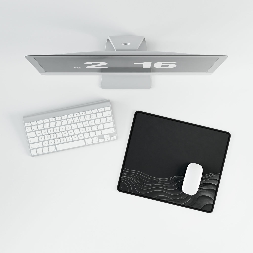 Printify preview: overhead view of Charcoal Evolution, 14.4 × 12.1 inches, with a mouse beside a keyboard.