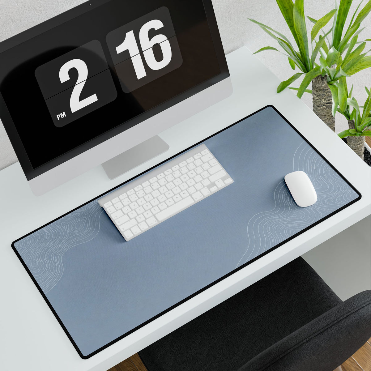 Printify preview: Minimal Artic Mist, 23.6 × 13.8 inches, angled desk view with keyboard and mouse.