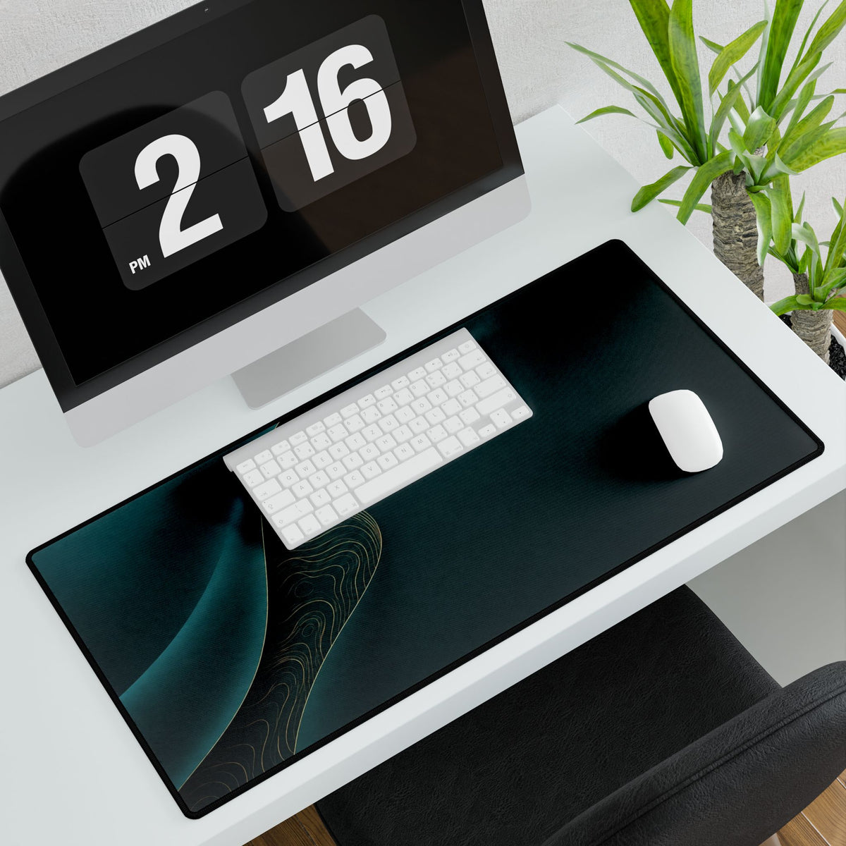 Printify preview: Teal Fold, 31.5 × 15.5 inches, angled desk view with keyboard and mouse.