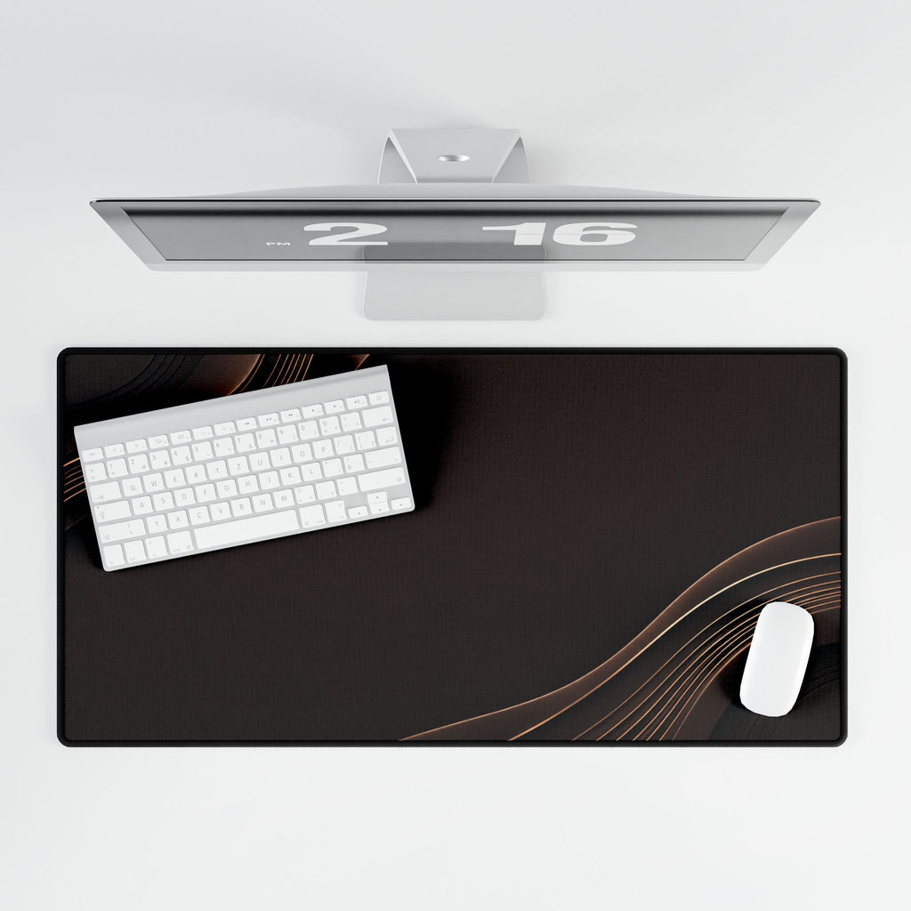 Printify preview: Espresso Relief, 31.5 × 15.5 inches, overhead desk view with keyboard and mouse.