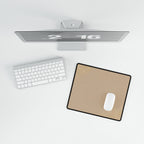 Overhead view of Minimal Beige compact desk mat with a mouse beside the keyboard.