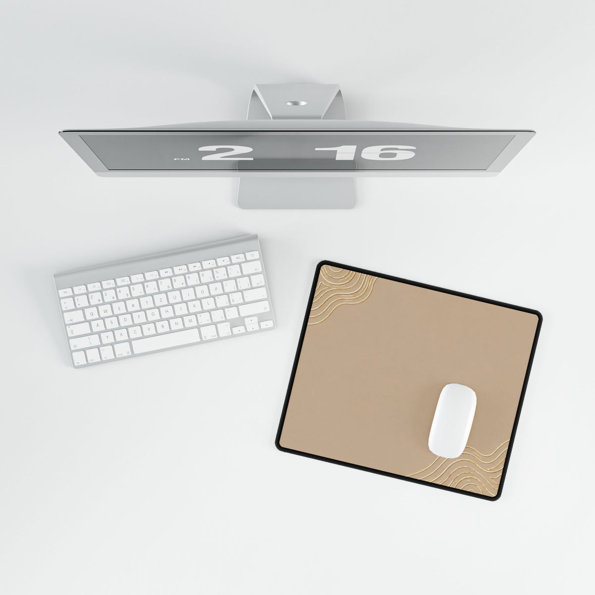 Overhead view of Minimal Beige compact desk mat with a mouse beside the keyboard.