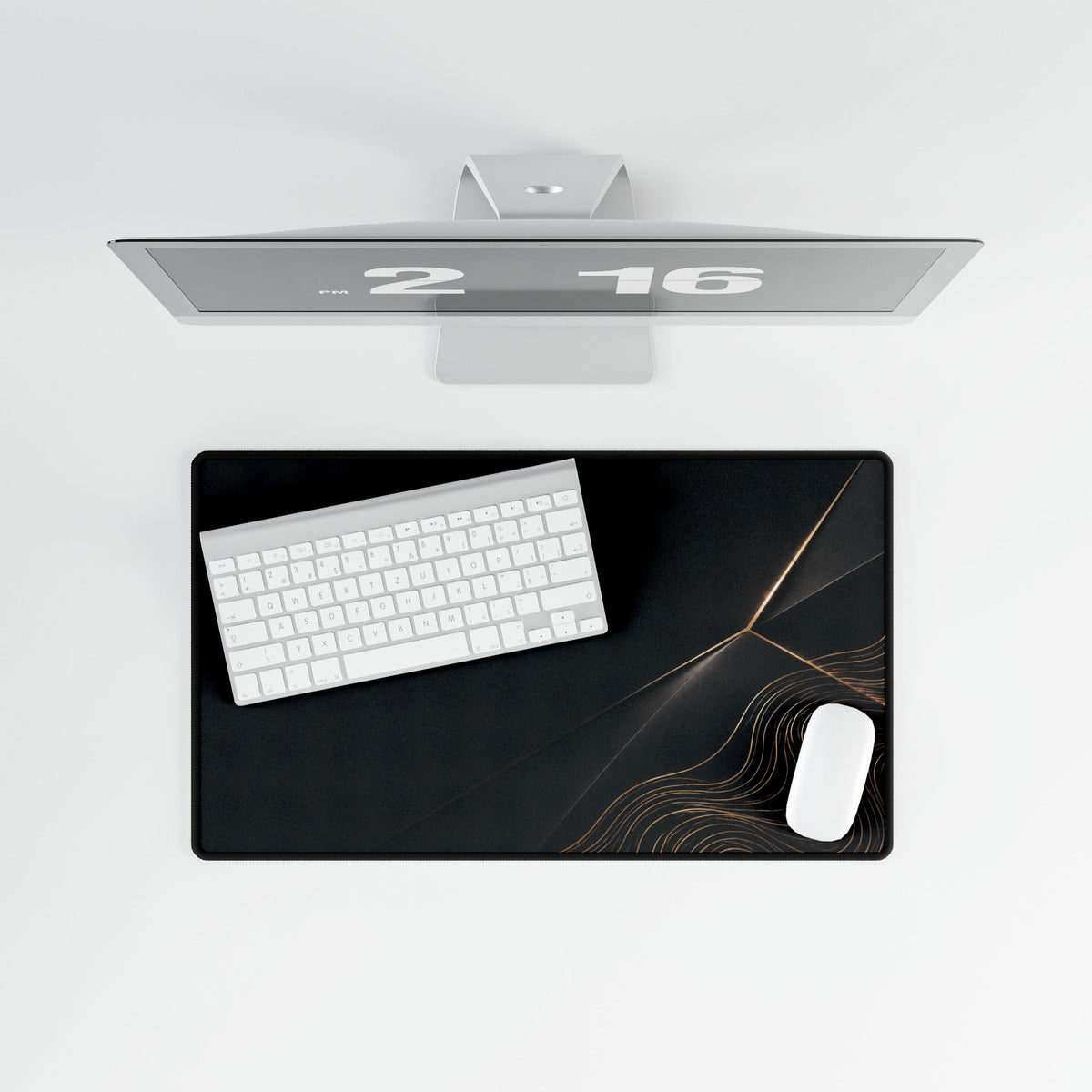 Printify preview: Obsidian Facet, 23.6 × 13.8 inches, overhead desk view with keyboard and mouse.