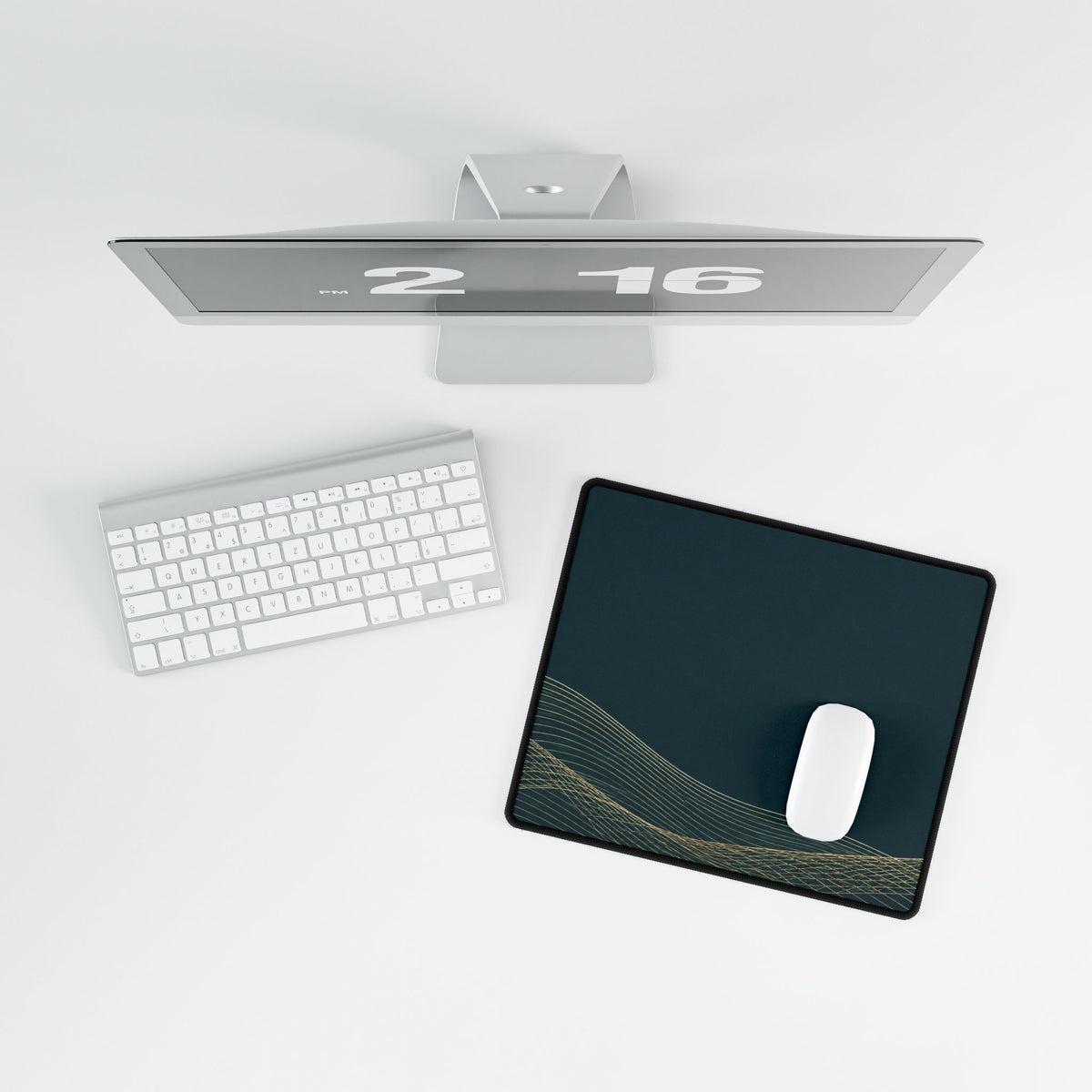 Printify preview: overhead view of Teal Interference, 14.4 × 12.1 inches, with a mouse beside a keyboard.