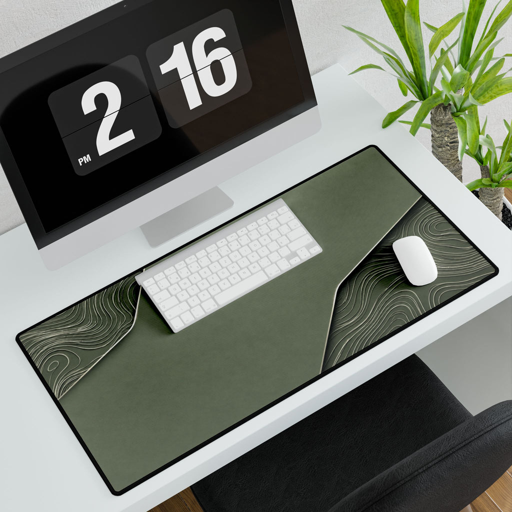 Printify preview: Sage Cutaway, 31.5 × 15.5 inches, with keyboard and mouse on a white desk, viewed at an angle.