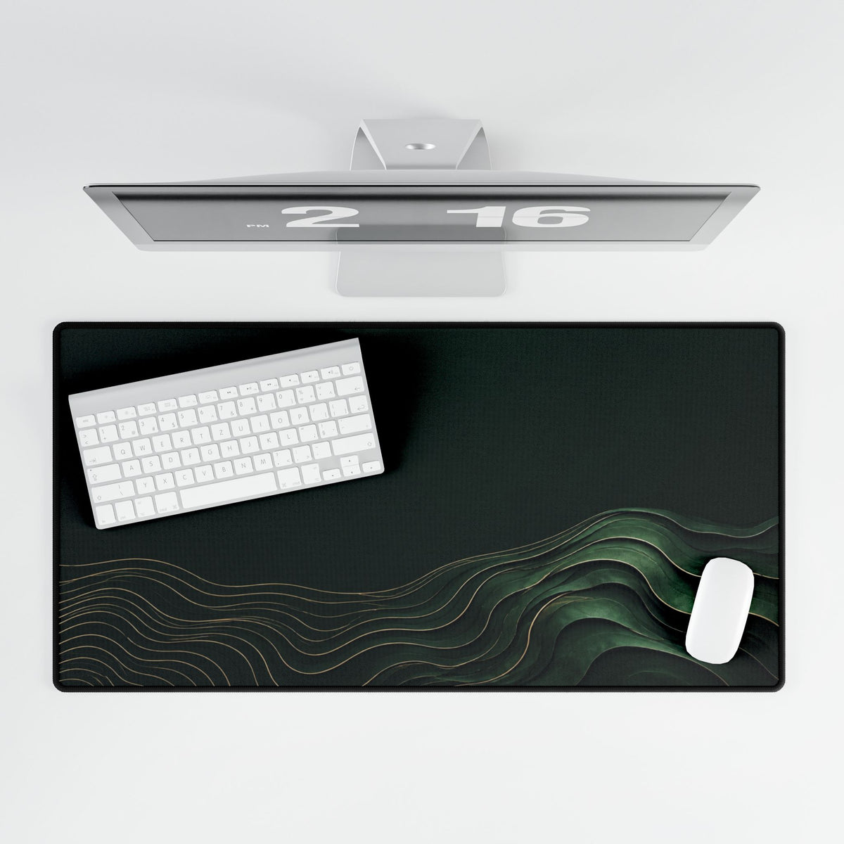 Printify preview: overhead view of Forest Evolution, 31.5 × 15.5 inches, with keyboard and mouse.