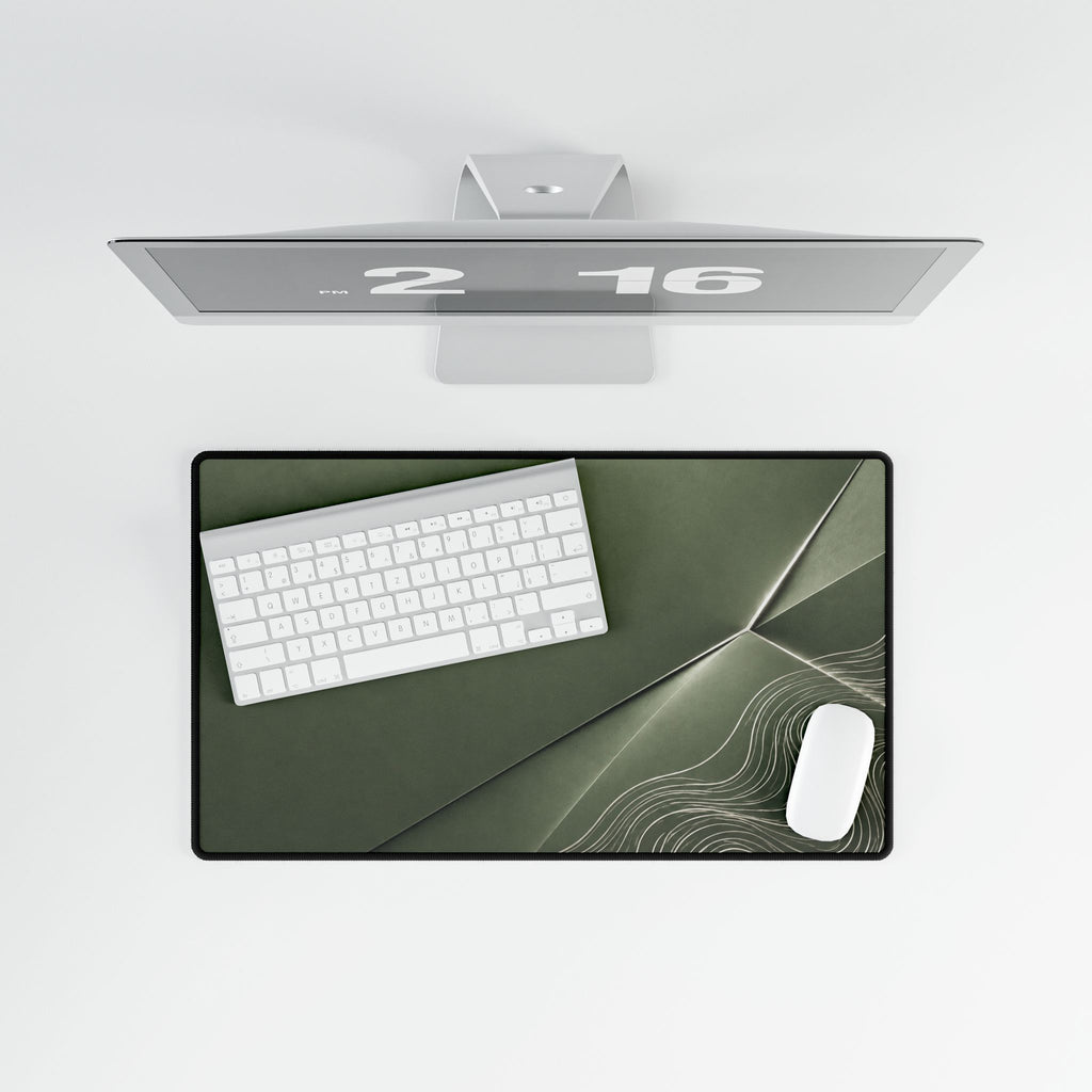 Printify preview: Sage Facet, 23.6 × 13.8 inches, overhead desk view with keyboard and mouse.