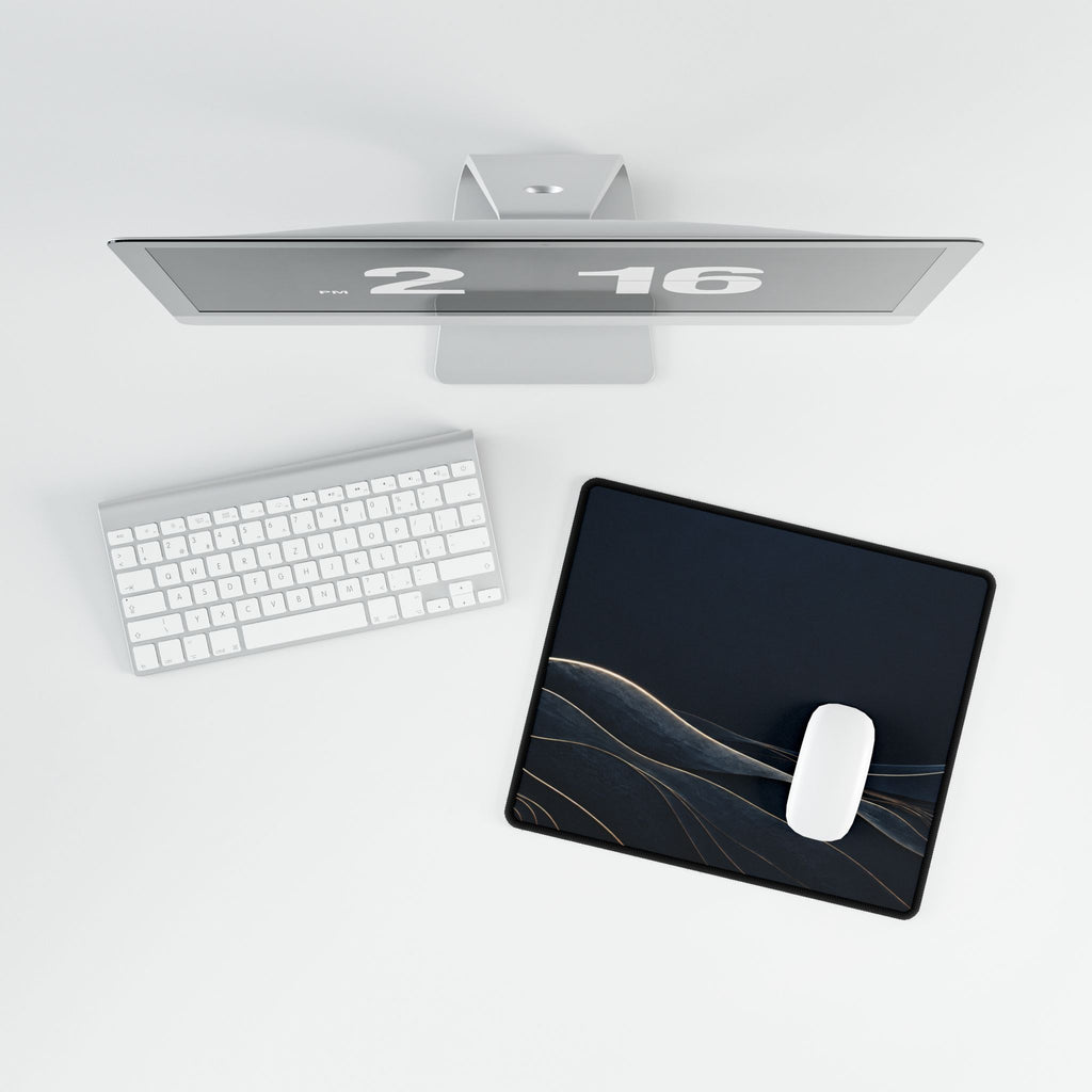 Printify preview: overhead view of Navy Horizon, 14.4 × 12.1 inches, with a mouse beside a keyboard.