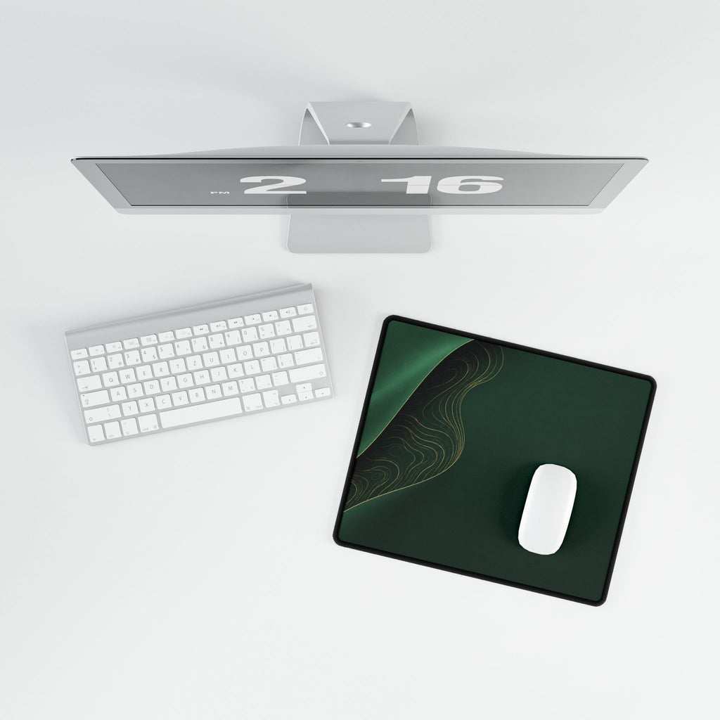 Printify preview: Forest Fold, 14.4 × 12.1 inches, overhead desk view with keyboard and mouse.
