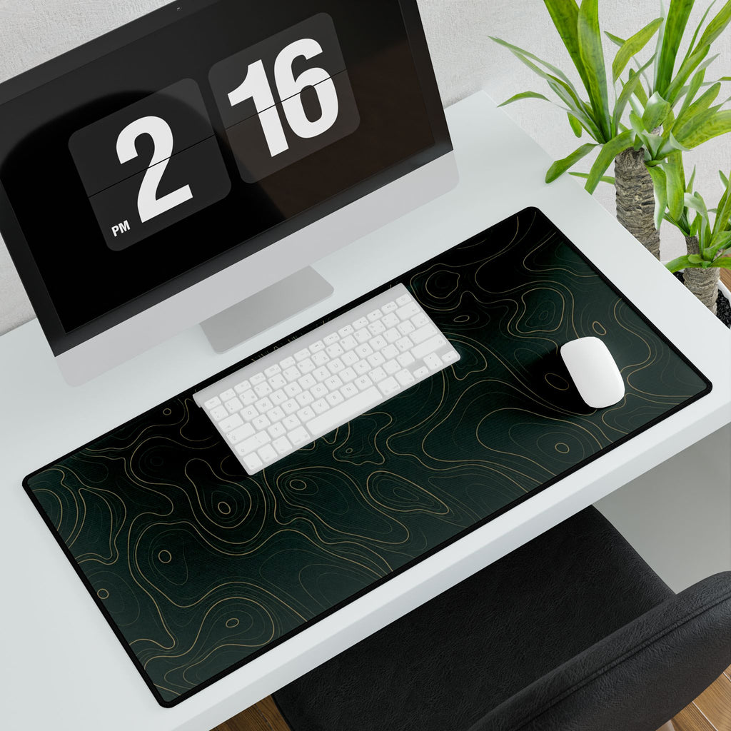 Printify preview: Forest Atlas, 31.5 × 15.5 inches, angled desk view with keyboard and mouse.