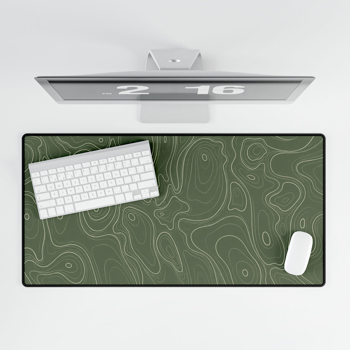 Printify preview: Sage Atlas, 31.5 × 15.5 inches, overhead desk view with keyboard and mouse.