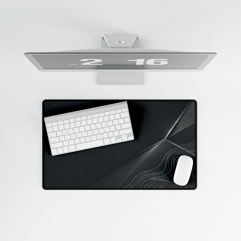 Printify preview: Charcoal Facet, 23.6 × 13.8 inches, overhead desk view with keyboard and mouse.