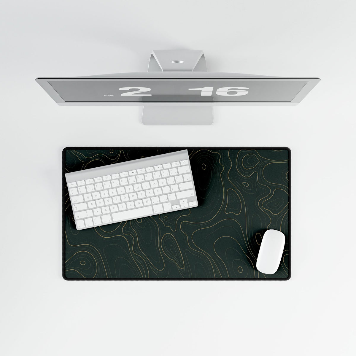 Printify preview: Forest Atlas, 23.6 × 13.8 inches, overhead desk view with keyboard and mouse.
