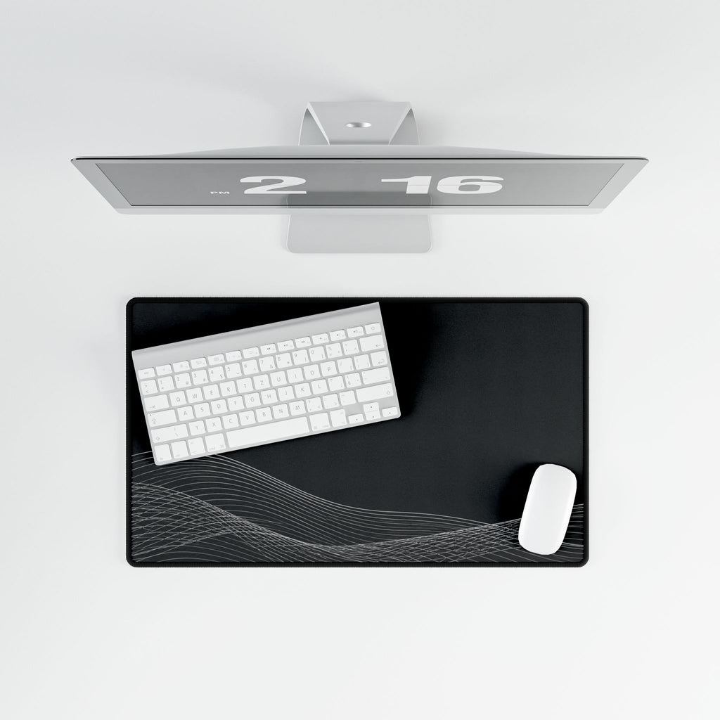 Printify preview: overhead view of Charcoal Interference, 23.6 × 13.8 inches, with keyboard and mouse.