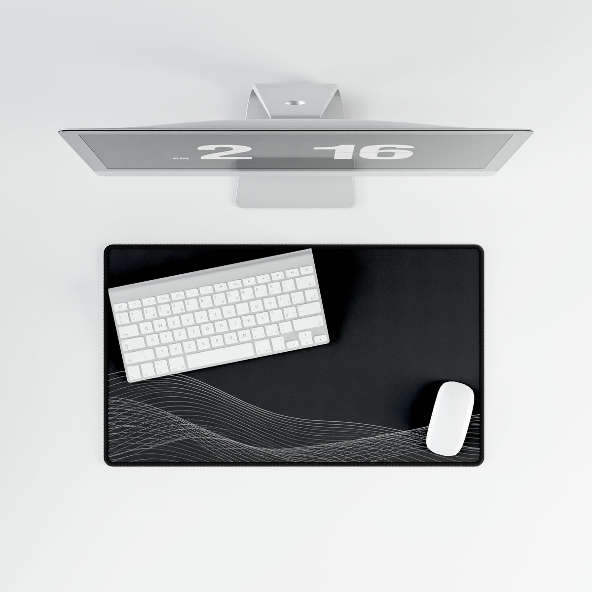 Printify preview: overhead view of Charcoal Interference, 23.6 × 13.8 inches, with keyboard and mouse.